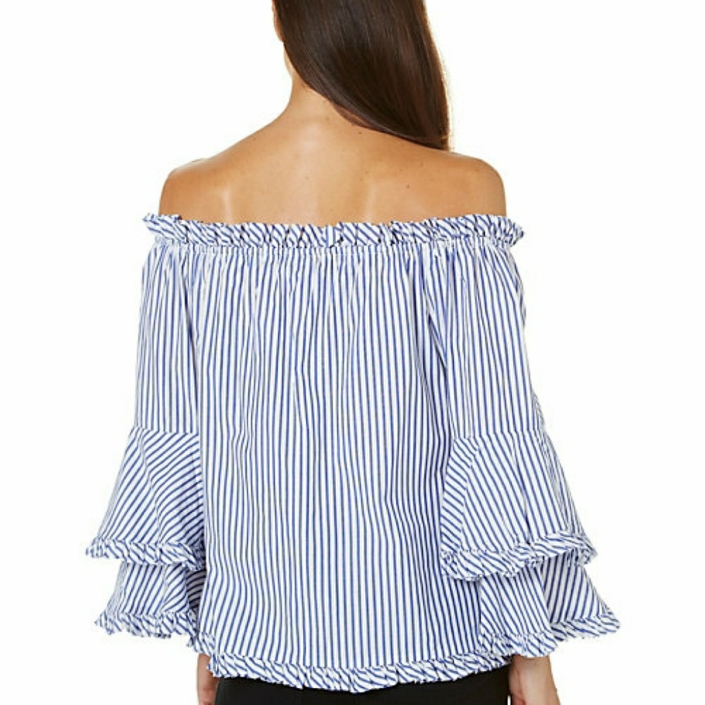 ECI Off Shoulder Bell Sleeve Striped Blouse NWOT - Picture 2 of 8